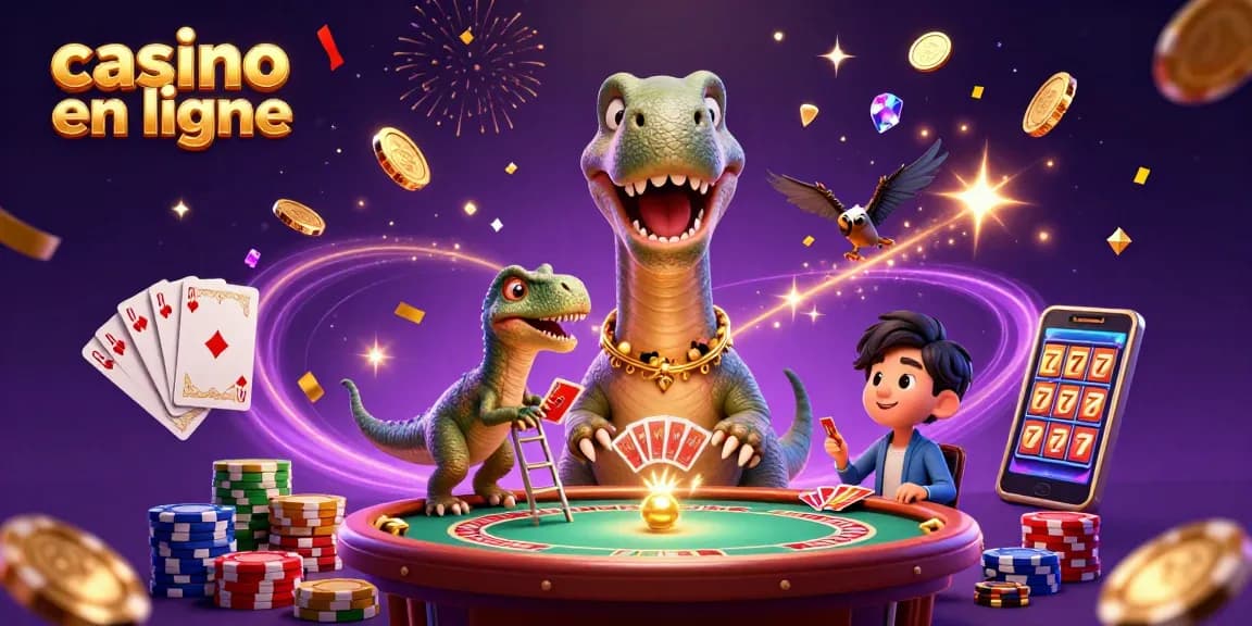 Jouez au casino en ligne avec un brontosaurus géant et un croupier raptor aux cartes.