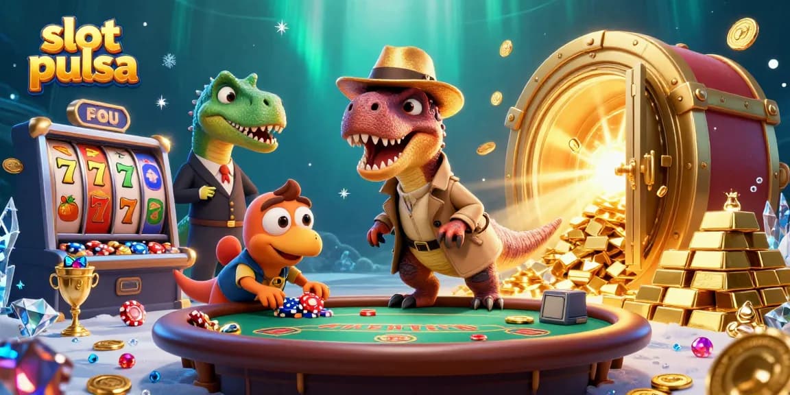 Experience excitement with slot pulsa as a velociraptor card counter sneaks chips at a vibrant casino scene.