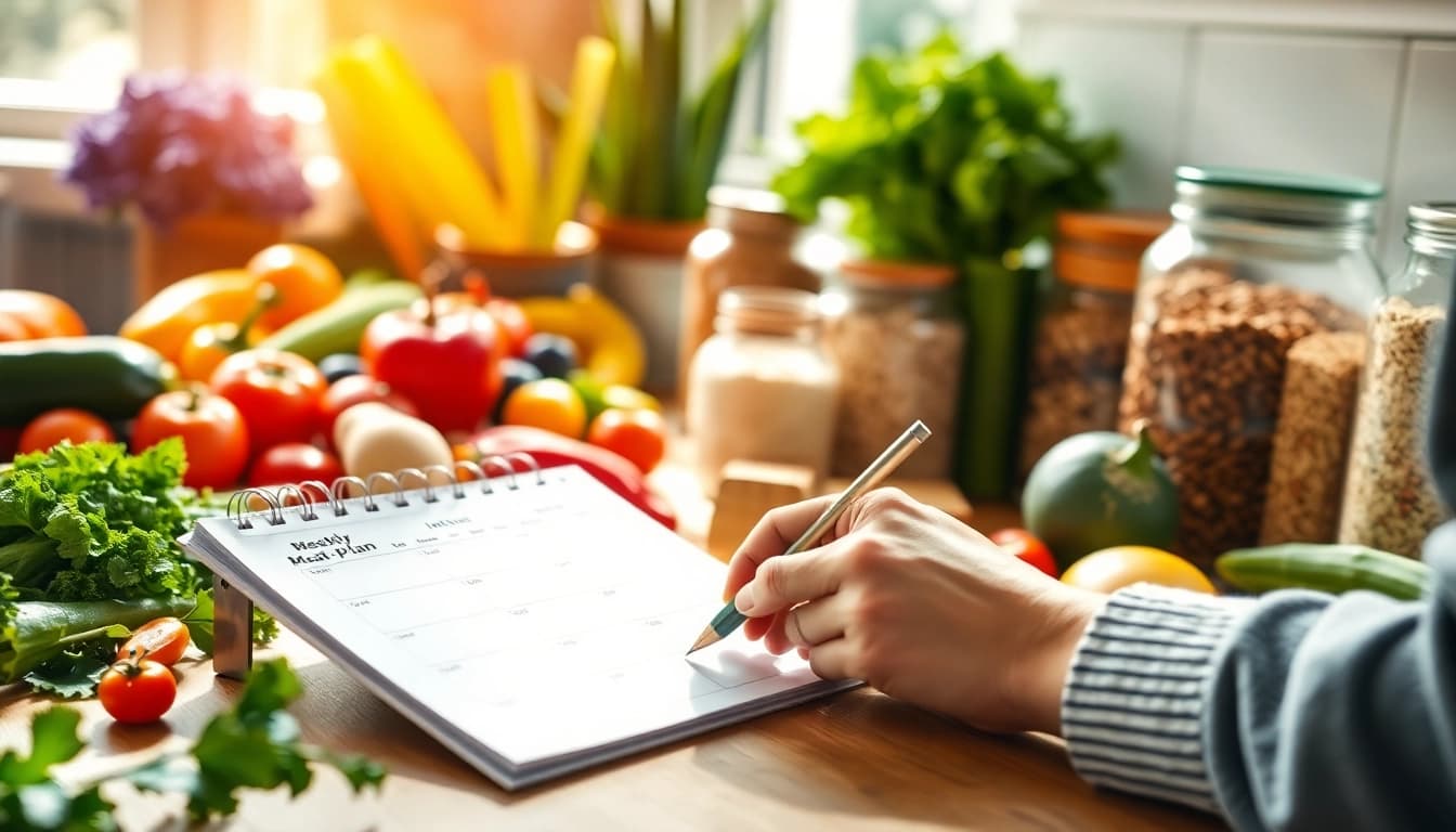 Creating an initial nutrition plan amidst fresh ingredients in a bright kitchen.