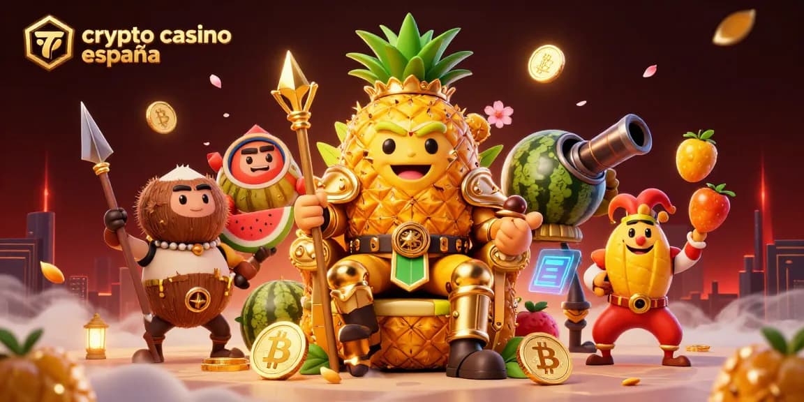 Ilustra cómo en un crypto casino España, el rey piña y su corte disfrutan de un ambiente vibrante y lleno de acción.