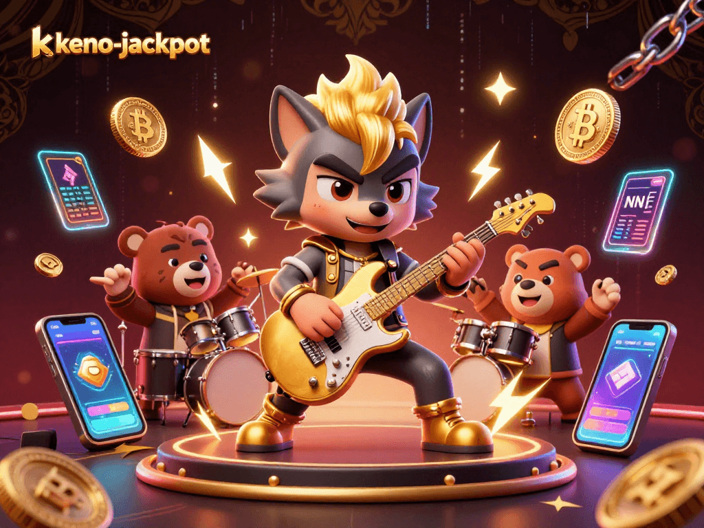 Keno-jackpot: Experience thrilling gameplay with dynamic characters in a vibrant casino stage.
