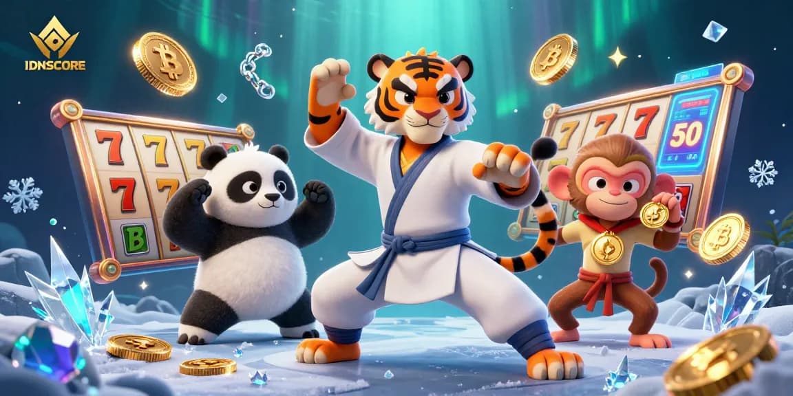 Experience thrilling slots with IDNSCORE, featuring a kung fu tiger master and dynamic game elements.