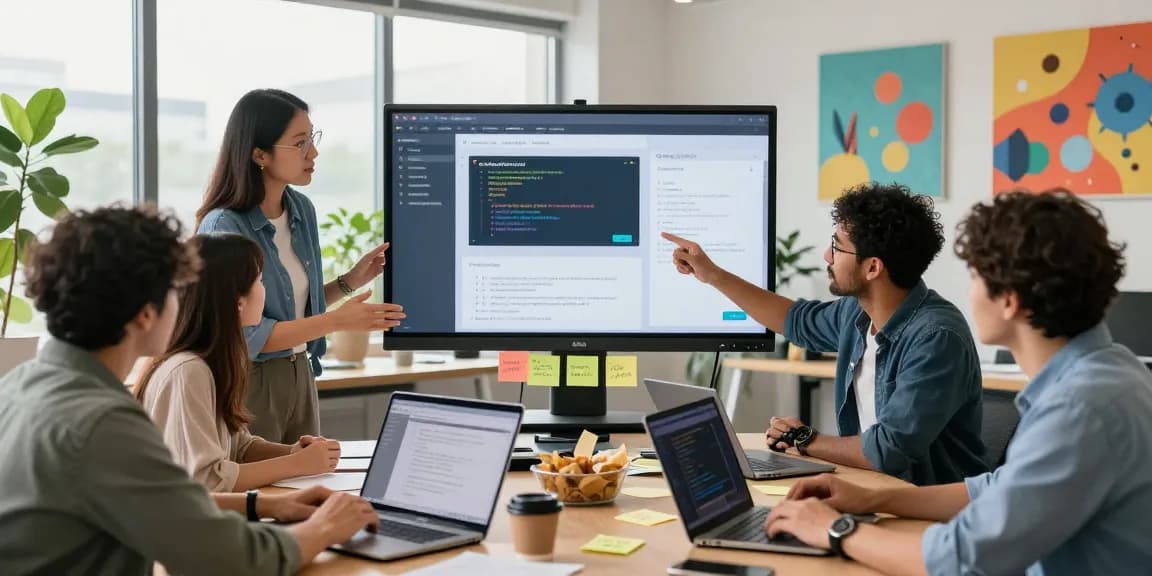Build internal tools with AI in a collaborative workspace with a diverse team discussing project details.