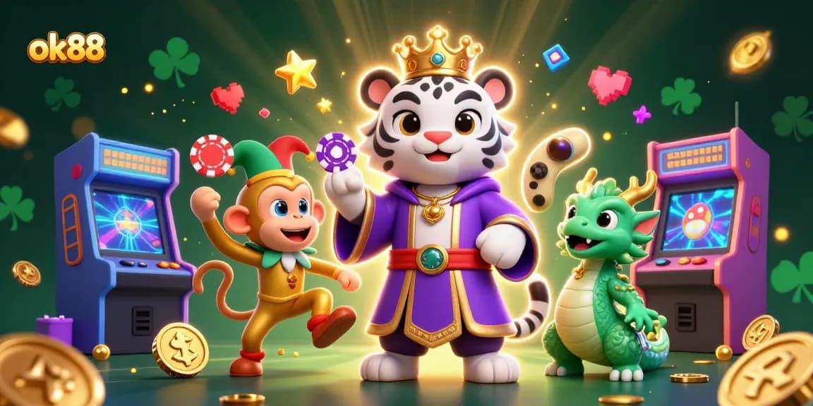 Engage with ok88's thrilling gaming adventure featuring a majestic tiger, juggling monkey, and vibrant casino elements.