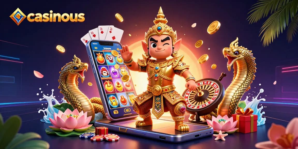 Win big with casinous in a vibrant 3D casino scene filled with slot games and exciting elements.