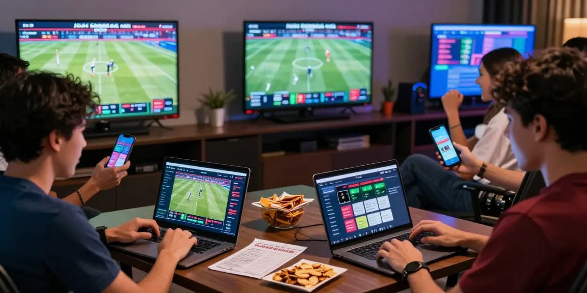 Situs Taruhan Bola Terpercaya enthusiasts engaging in live betting during sports events at a lively home setting.