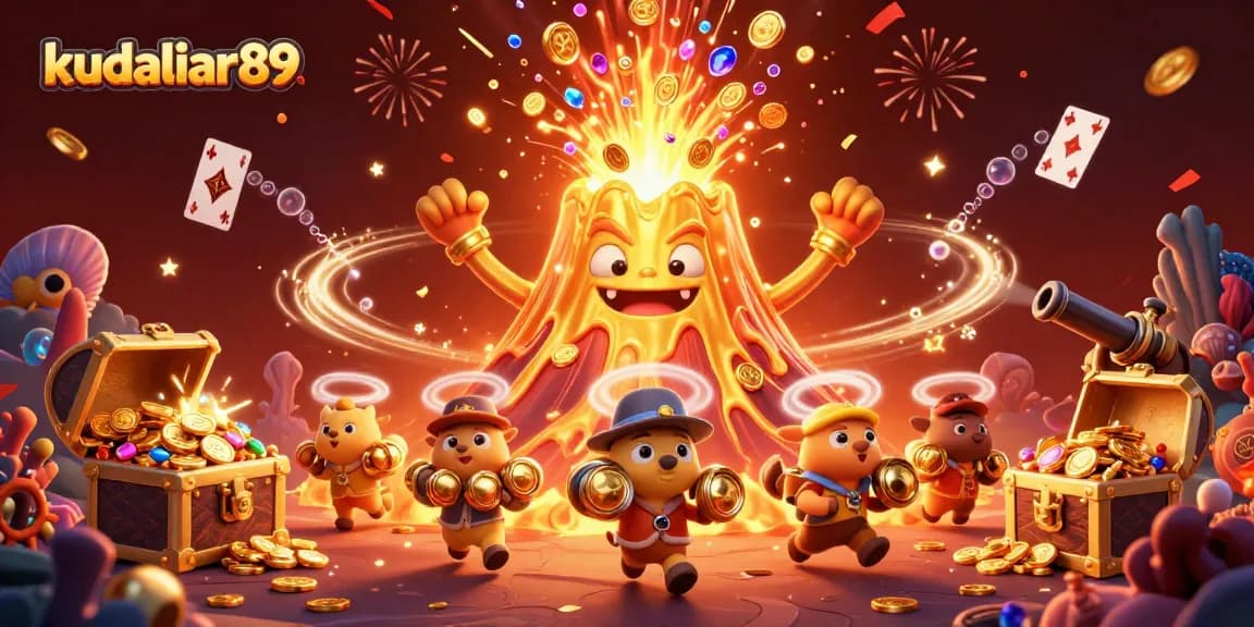 Win big at kudaliar89 with an exciting 3D scene of a golden volcano erupting treasure and celebrating elements.