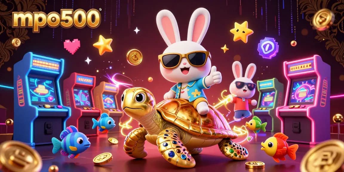 Spin to win with mpo500 featuring a lucky rabbit and golden turtle in a vibrant casino scene.