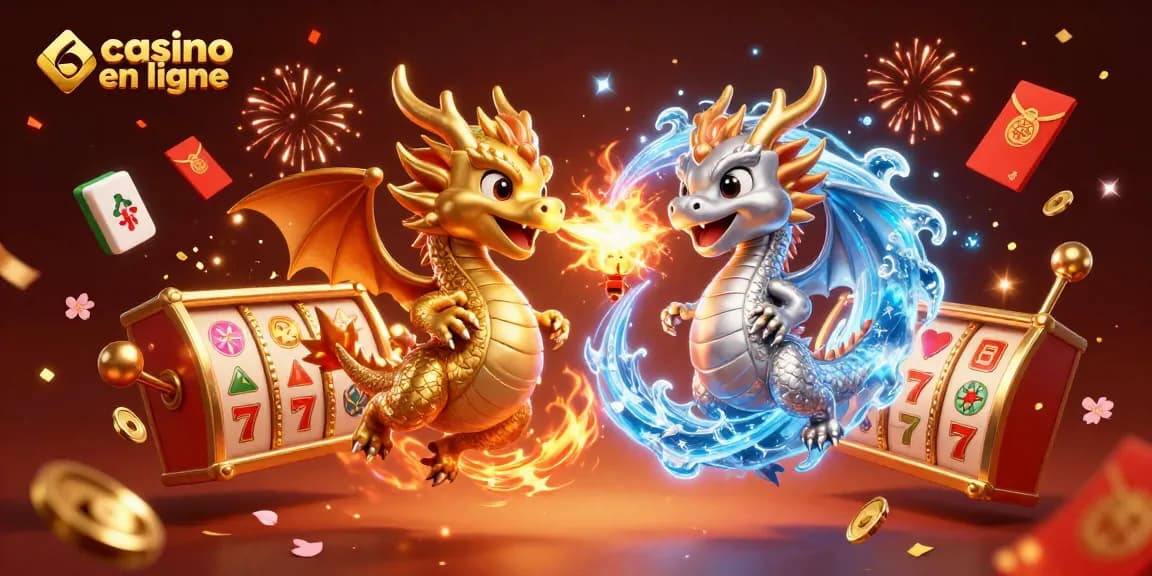 Découvrez l'illustration d'un casino en ligne animé avec des dragons et des jeux de chance.