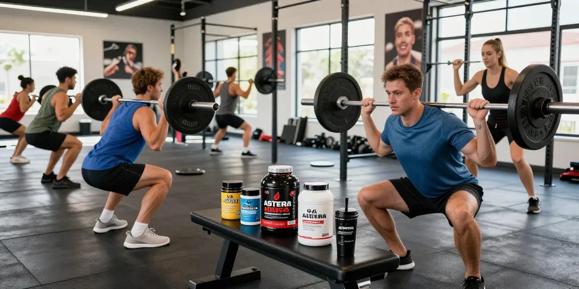Group of athletes using Astera Shop products during strength training session in modern gym.