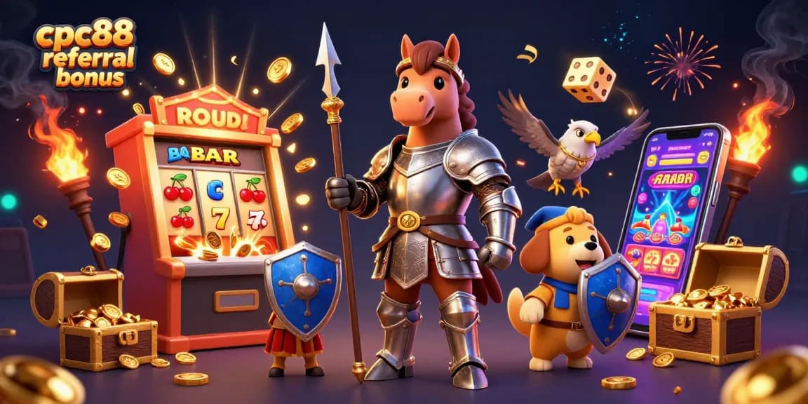 CPC88 referral bonus illustrated with a 3D medieval knight, slot machines, and exciting casino elements.