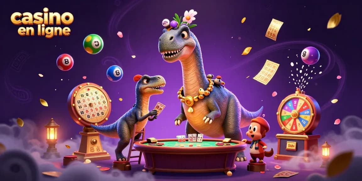 Dans ce casino en ligne, un brontosaurus géant surplombe une table de poker avec des raptors en action.