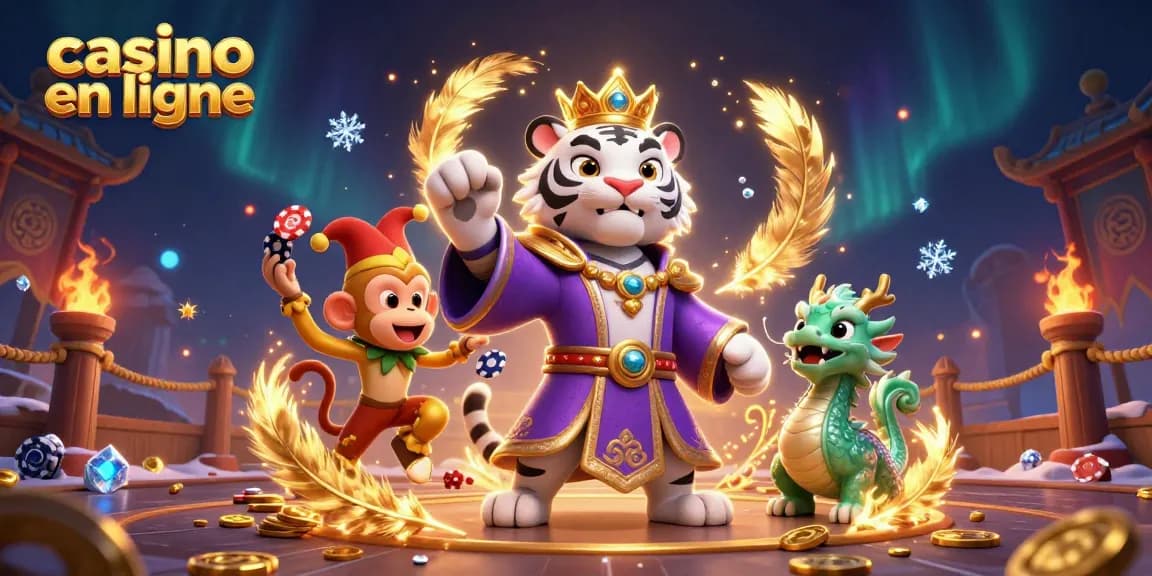 Jouez à casino en ligne avec un tigre majestueux, un singe et un dragon dans une scène animée.