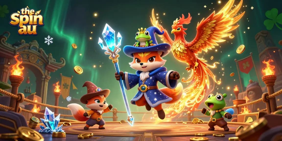 The spin au captures players in a lively 3D casino scene filled with magical characters, coins, and game elements.