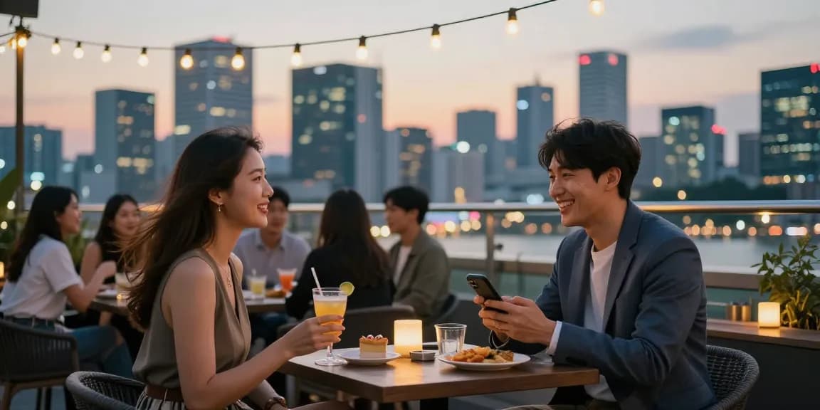 강남 세이렌을 즐기는 젊은 전문가들이 야외 루프탑에서 소통하는 모습