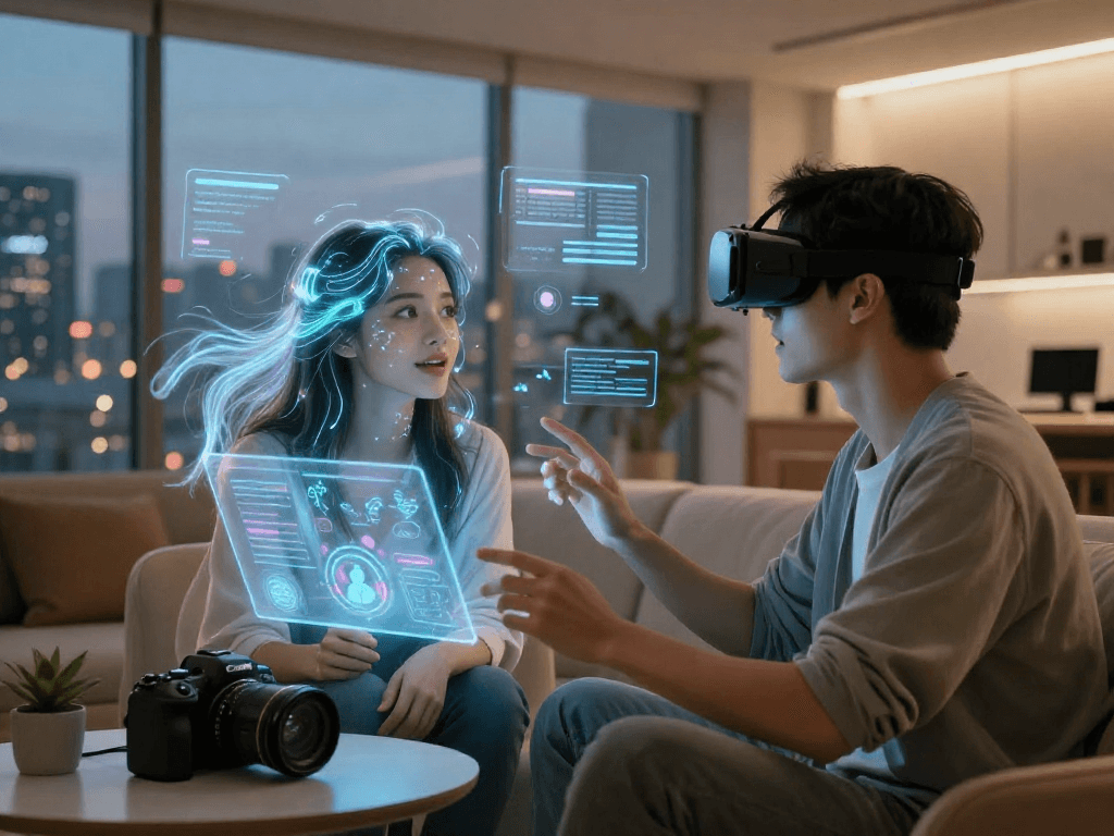 A digital interaction between a user and an AI girlfriend in a modern lounge, emphasizing advanced technology and companionship.