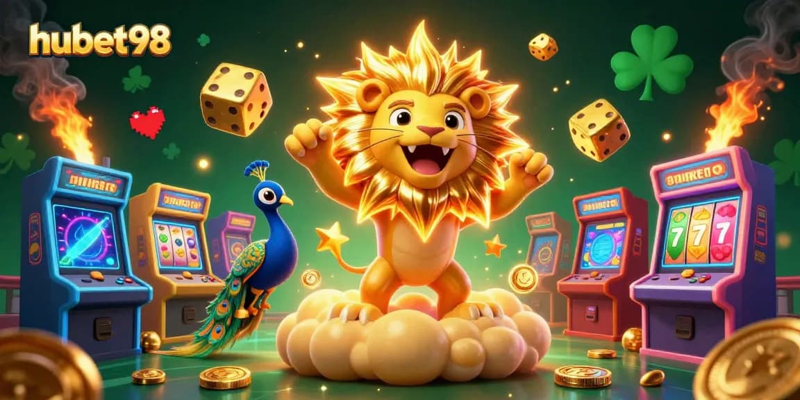 Experience the thrill of hubet98 with a vibrant 3D cartoon illustration featuring a roaring sun lion and dynamic gaming elements.