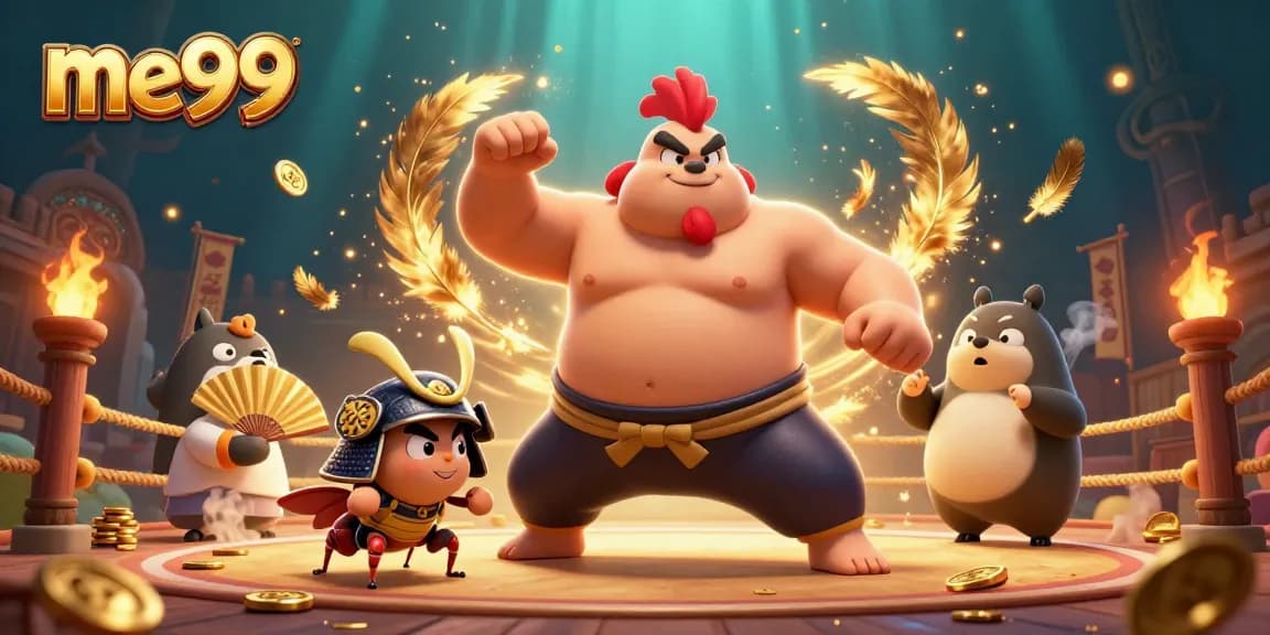 Join the excitement at me99, where a sumo rooster and samurai cricket battle in a vibrant casino arena.