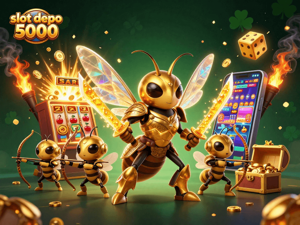 Experience excitement with slot depo 5000, featuring a dynamic 3D scene of gaming adventures!