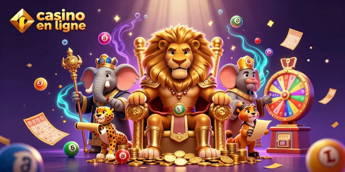 Découvrez l'univers des jeux de casino en ligne avec un roi lion sur son trône, entouré de jeux de loterie.