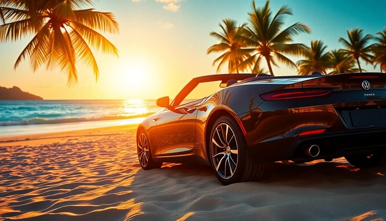 Stylish convertible car rental st barth on a stunning beach with palm trees and turquoise waters.