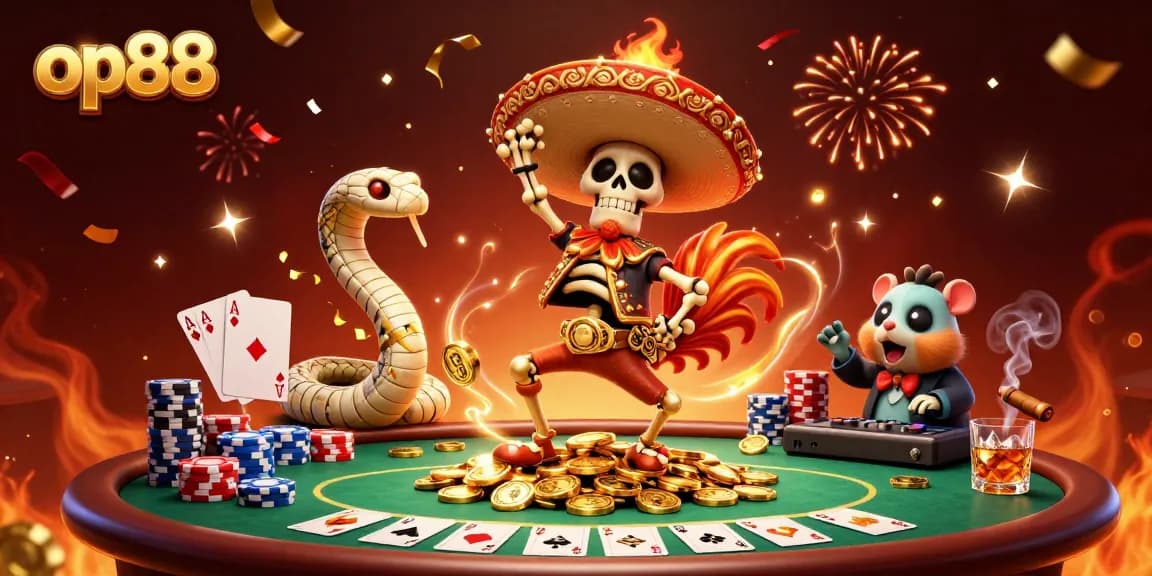 Experience the op88 thrill with a vibrant 3D casino scene featuring colorful poker elements and lively characters.