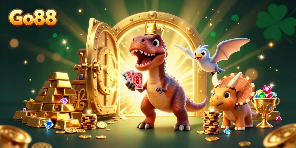 Go88 offers an exciting scene with dinosaurs playing cards and stacking chips in a casino-themed illustration.