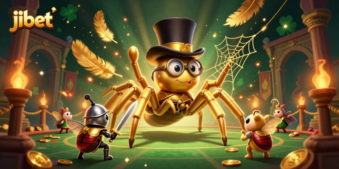 Engage in thrilling gameplay at Jibet with a golden tarantula and beetle knight in a vibrant casino scene.