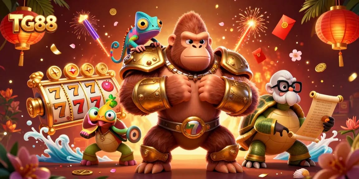 Engage with TG88's thrilling slot experience featuring a dynamic illustration of a gorilla king and colorful game elements.