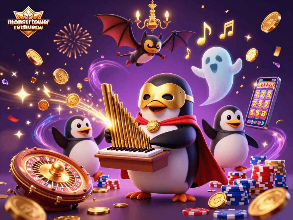 Engage with monstertowerreview featuring a 3D cartoon penguin, golden coins, and casino elements.