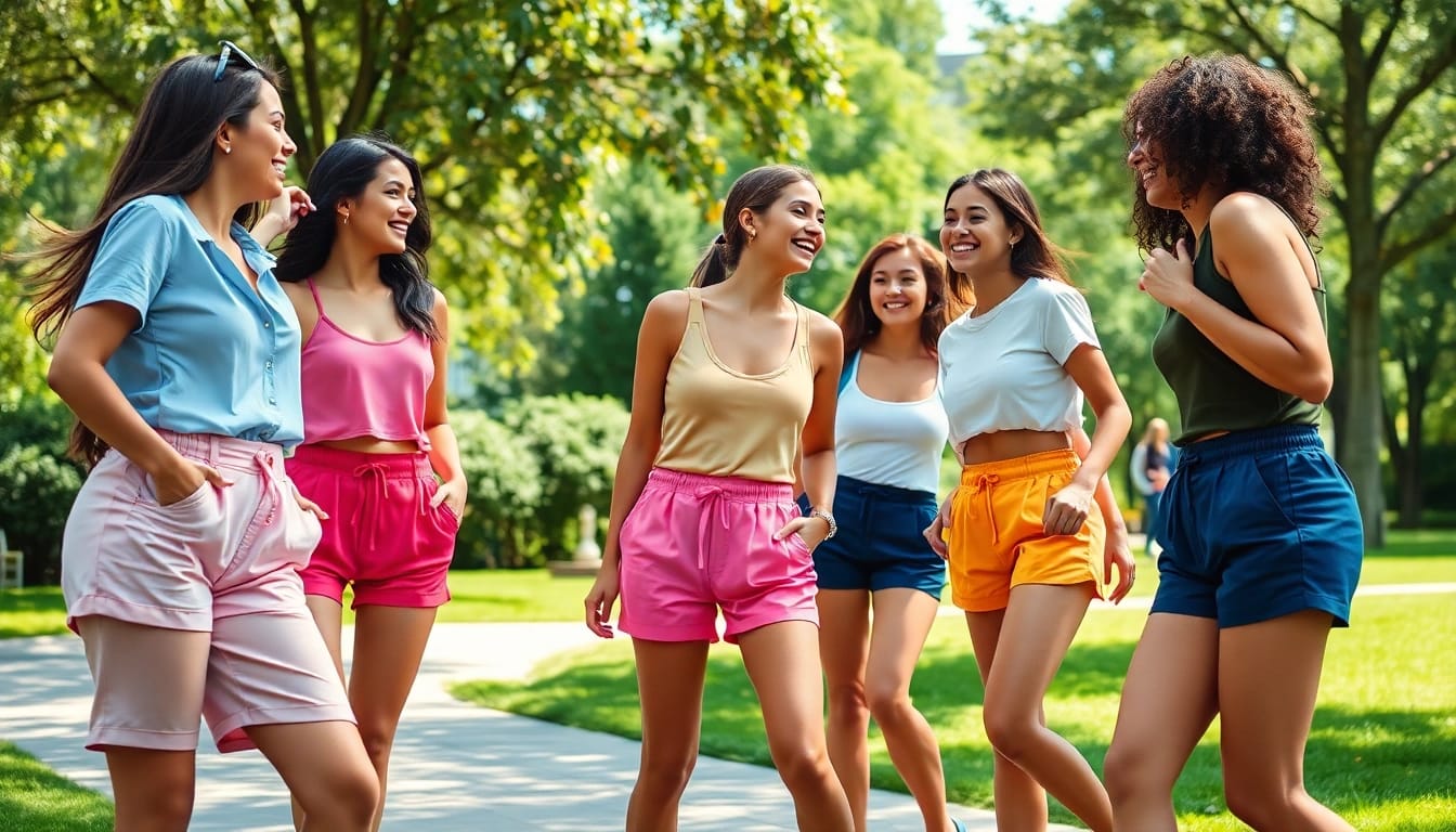 Šortai moterims puikiai atspindi stilingą vasaros kolekciją parke.