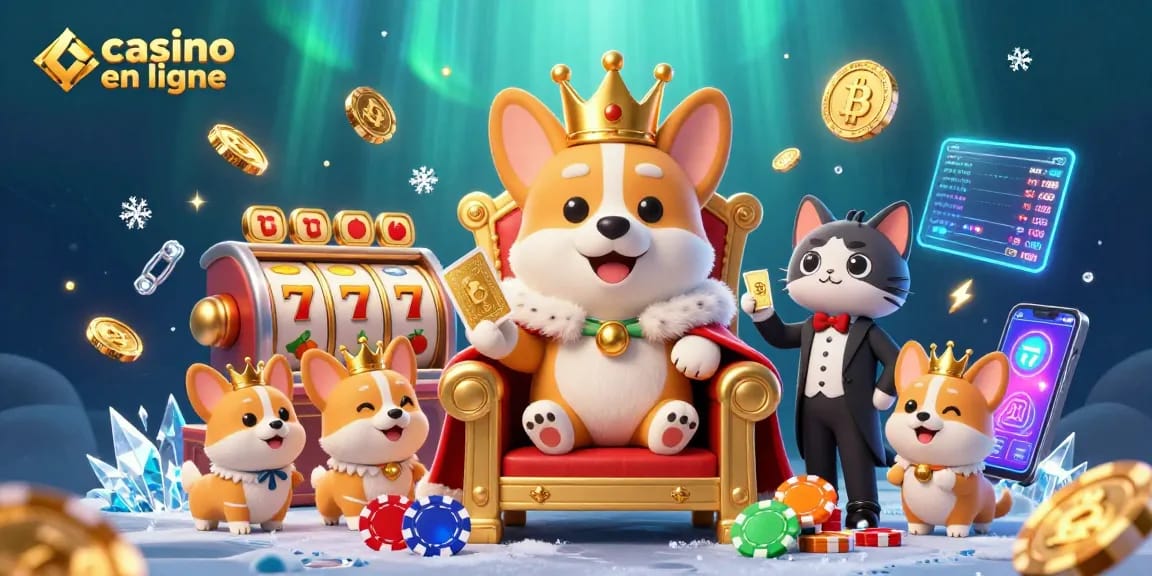 Visuels animés au casino en ligne avec un corgi royal, jetons de poker, et pièces de crypto-monnaie.