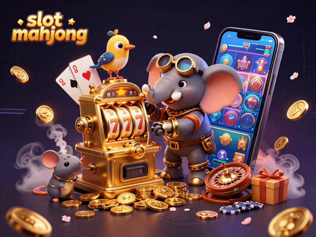 Slot mahjong dengan slot machine yang dioperasikan oleh gajah steampunk dalam suasana kasino yang meriah.