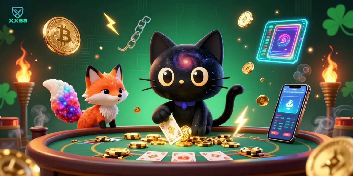 Experience thrilling game action at XX88 with cosmic cat, vibrant colors, and engaging cryptocurrency elements.