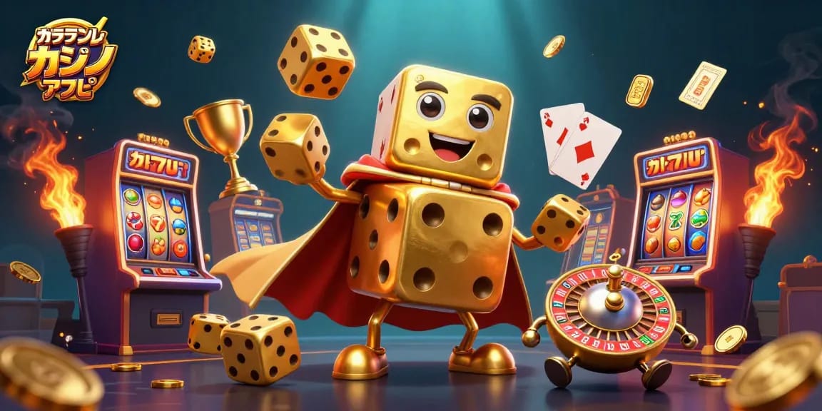 オンラインカジノアプリのスロットゲーム要素を使ったゴールデンダイスゴーレムのイラスト