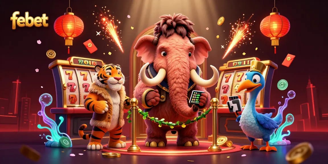 Experience thrilling gaming at Febet with vivid casino elements and colorful characters.