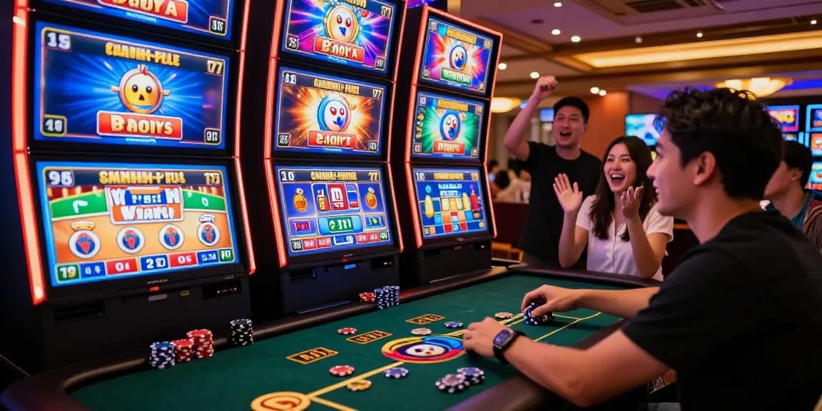 Pemain antusias menikmati pengalaman Situs LUXURY777 di kasino online dengan mesin slot dan suasana yang energik