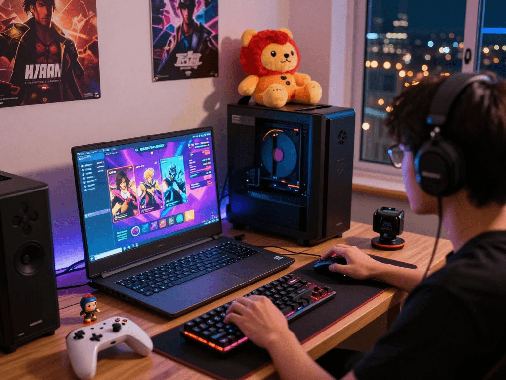 Engrossed player enjoying a porn game on a sleek gaming laptop in a dynamic, vibrant gaming scene.