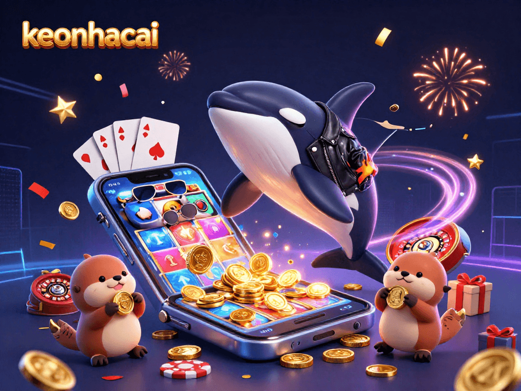 Engage with keonhacai's vibrant casino scene featuring a jumping orca, a cool stingray, and otters with gold.