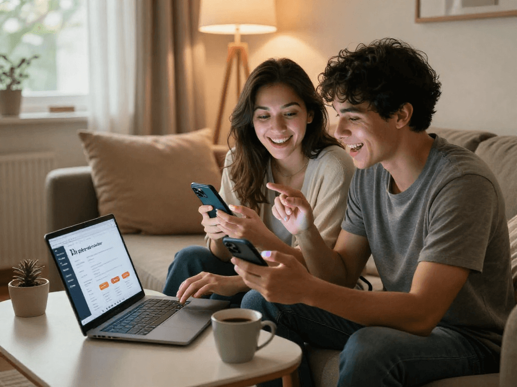 Couple enjoying ai sexting with AI tools in a cozy, intimate setting