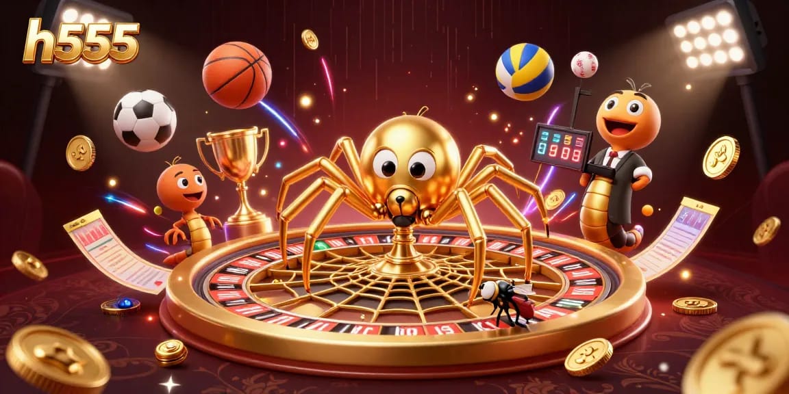 Place bets with h555 in a lavish casino scene featuring a spider and a centipede croupier.
