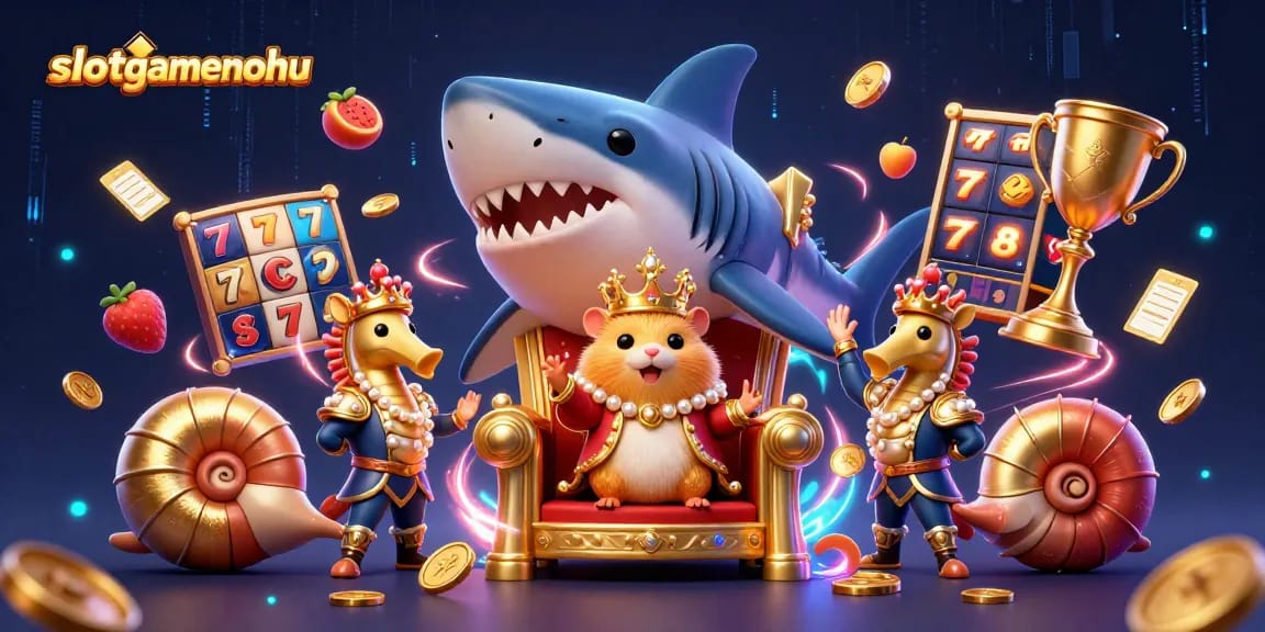 Experience excitement at slotgamenohu with a vibrant casino-themed 3D illustration of a hamster king and gaming elements.