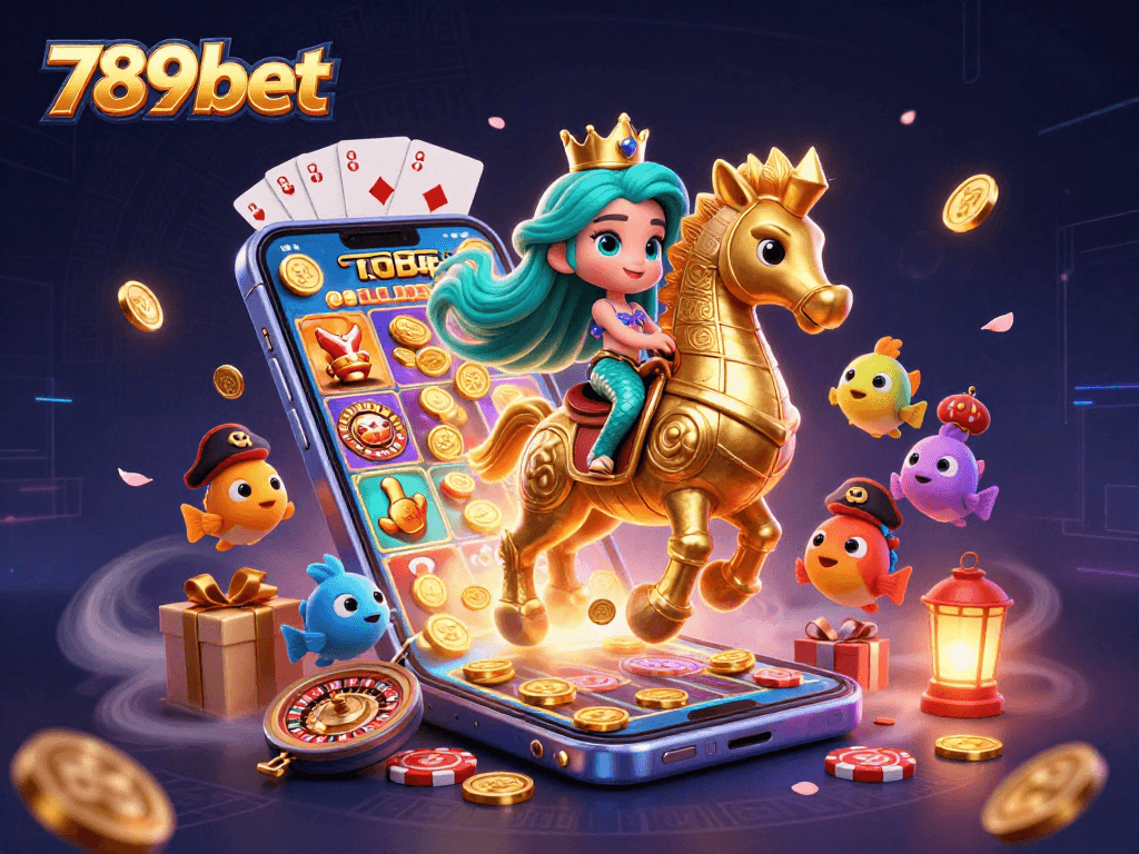 Join the 789bet adventure with a mermaid princess and giant seahorse in this vibrant casino scene!