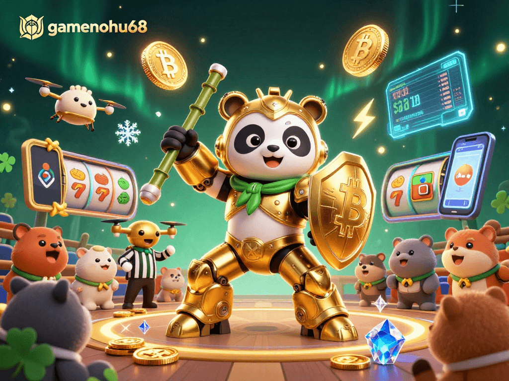 Engage with gamenohu68 in a vibrant 3D casino scene featuring a golden panda in a mech-suit and rich crypto elements.