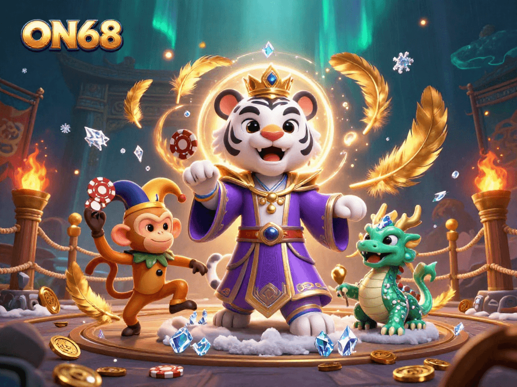 Engage with ON68's vibrant online casino experience featuring a royal tiger and jester monkey.