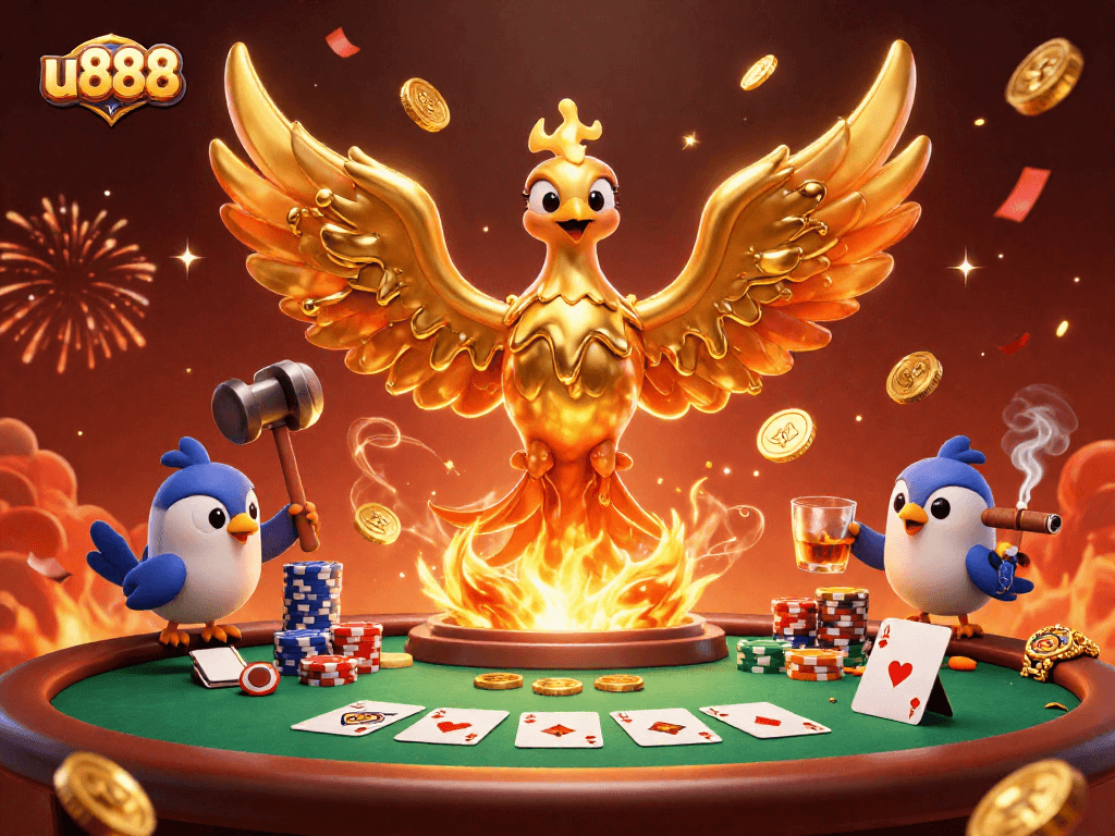 Experience thrilling gameplay at u888 with a vibrant 3D phoenix and poker excitement.