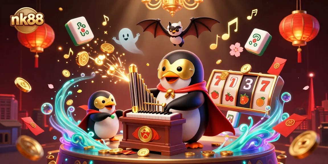 Experience vibrant gameplay with nk88 featuring a phantom penguin and a bat acrobat in a thrilling casino scene.