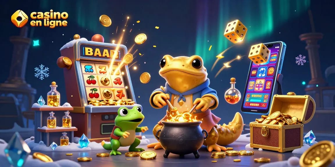 Jouez à casino en ligne avec une illustration 3D d'un alchimiste géant et des éléments de jeu dynamiques.