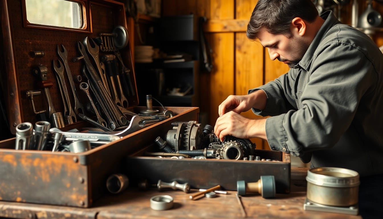 Using ks tools, a mechanic expertly repairs an engine in a well-equipped workshop.