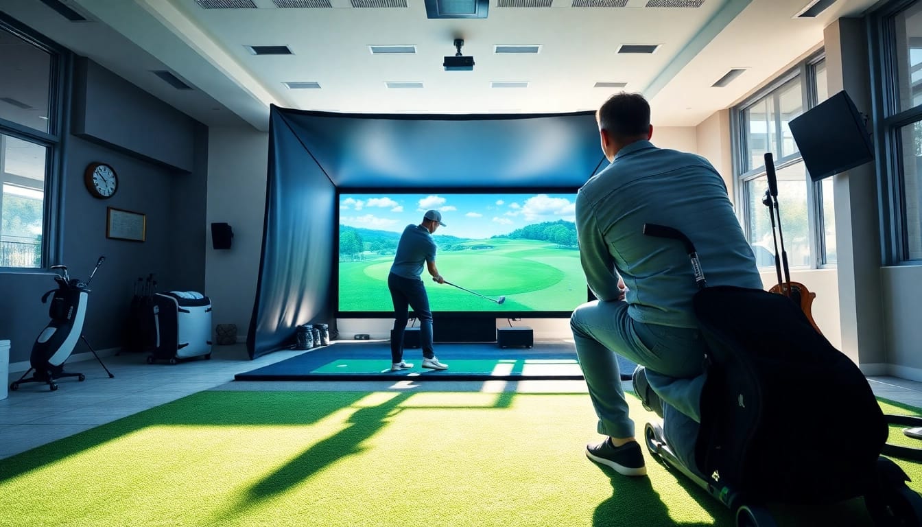 Player using a simulator in a modern golf facility with bright lighting and advanced technology.